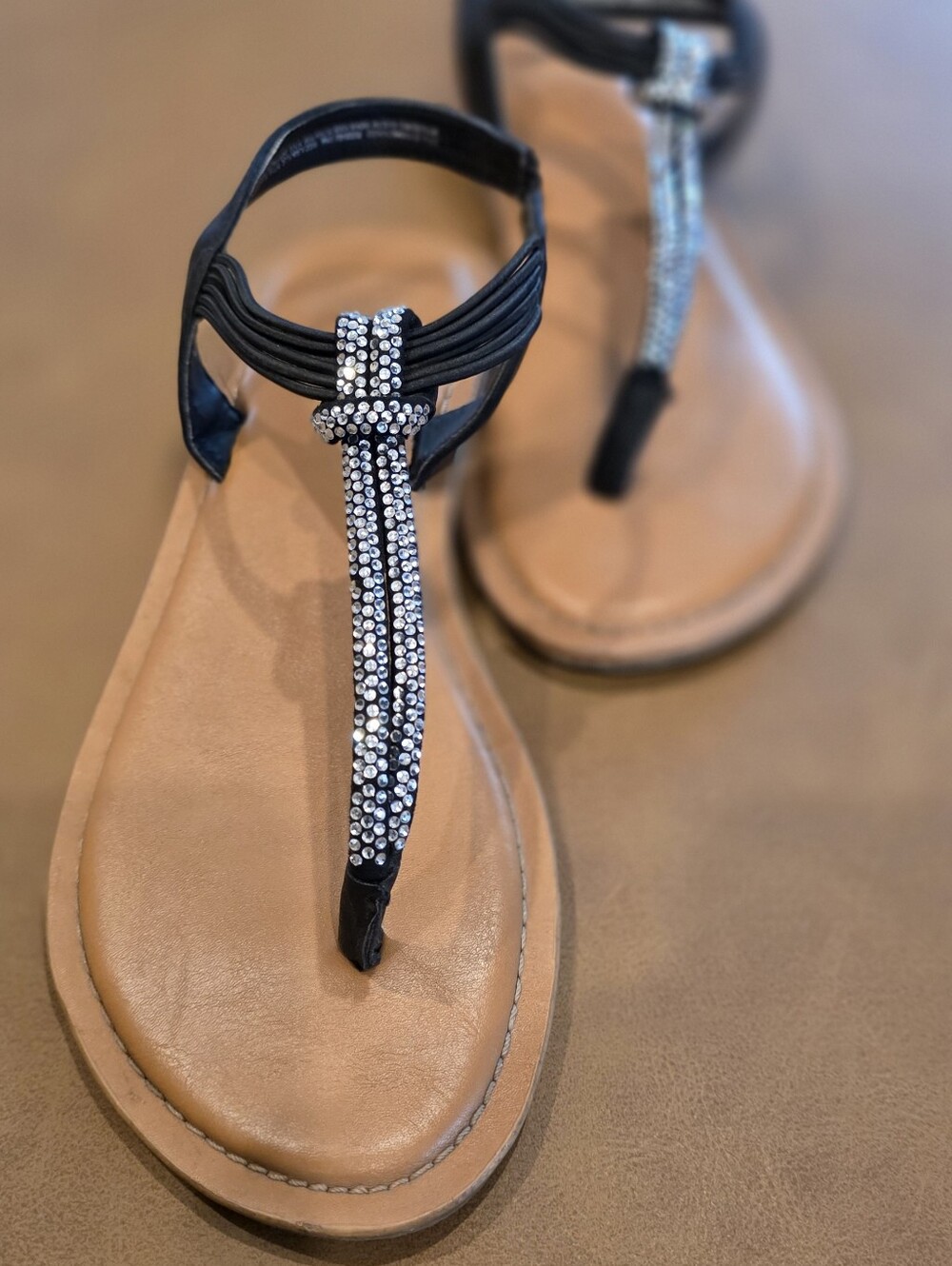 Black T-Strap Rhinestone Women's Sandals